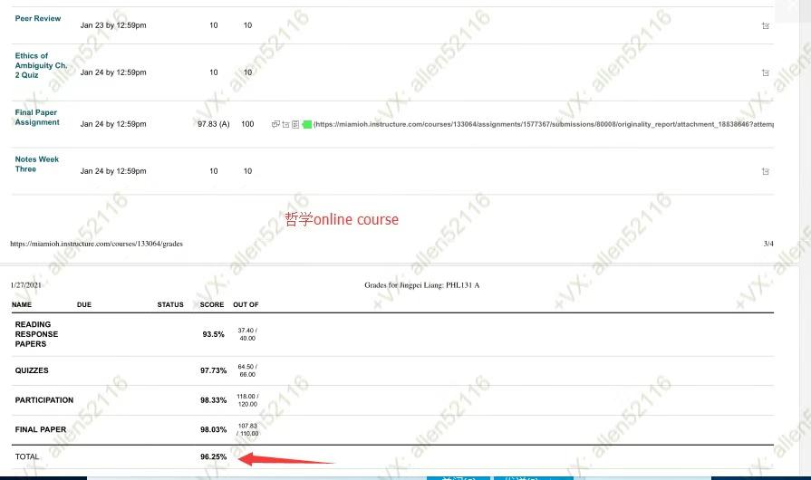 哲學網課代修案例，成績：96.25%